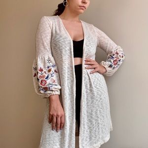 Long Cardigan w/ Embroidered Floral Embellishments